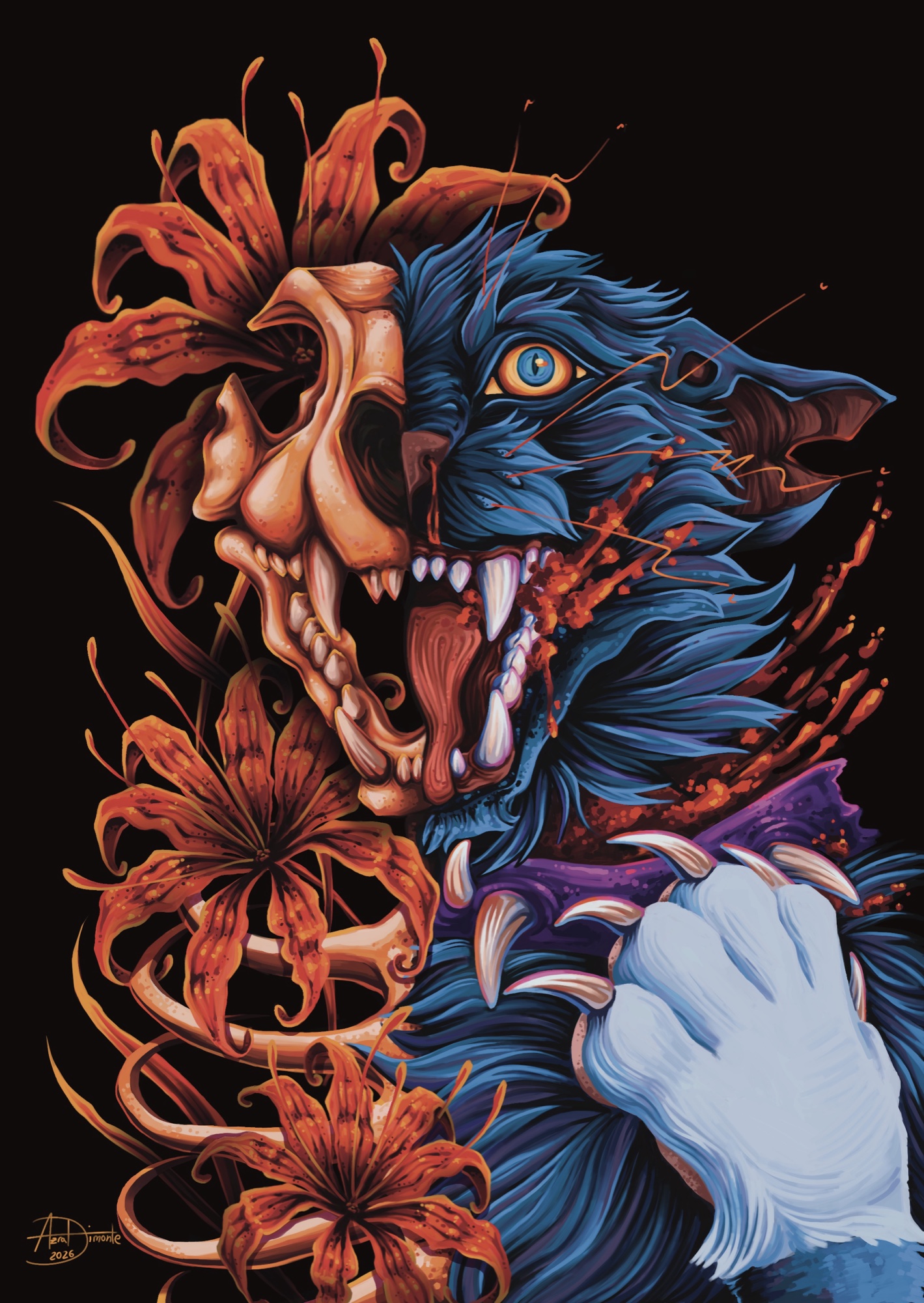 Blauer Wolf mit halbem Schädelgesicht, orangen Lilien und Blut auf Schwarz