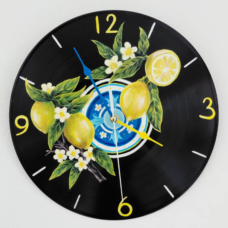 Schallplatten-Uhr mit Zitronen-Motiv